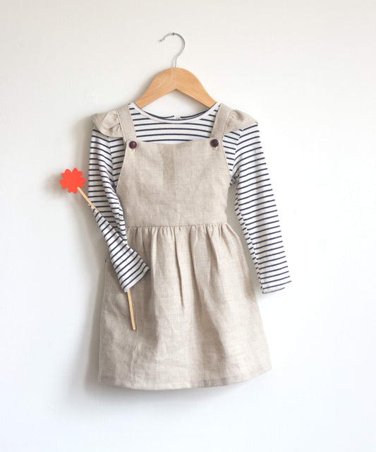 girls linen pinafore dress with striped shirt and red flower